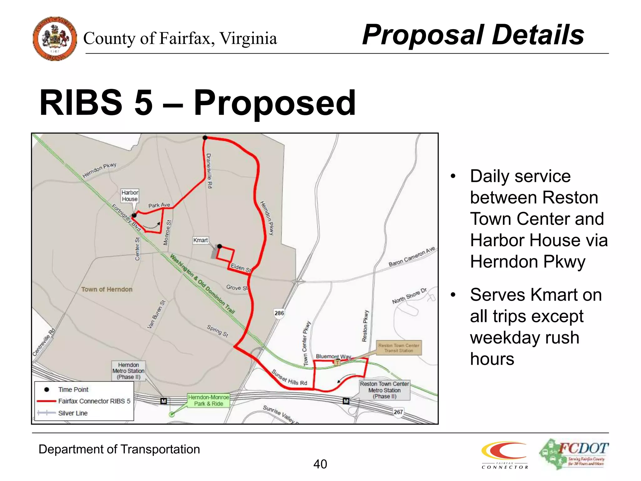 County of Fairfax, Virginia
Department of Transportation
40
RIBS 5 – Proposed
Proposal Details
• Daily service
between Reston
Town Center and
Harbor House via
Herndon Pkwy
• Serves Kmart on
all trips except
weekday rush
hours
 