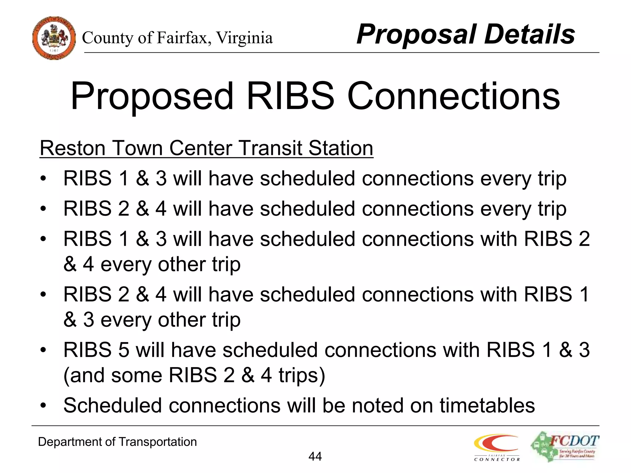 County of Fairfax, Virginia
Department of Transportation
44
Proposed RIBS Connections
Reston Town Center Transit Station
• RIBS 1 & 3 will have scheduled connections every trip
• RIBS 2 & 4 will have scheduled connections every trip
• RIBS 1 & 3 will have scheduled connections with RIBS 2
& 4 every other trip
• RIBS 2 & 4 will have scheduled connections with RIBS 1
& 3 every other trip
• RIBS 5 will have scheduled connections with RIBS 1 & 3
(and some RIBS 2 & 4 trips)
• Scheduled connections will be noted on timetables
Proposal Details
 