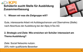 1.Wissen wir was die Zielgruppe will? Gute, interessante Arbeit mit Aufstiegschancen und Übernahme (Stelle) nach Abschluss der Ausbildung bei der Alpiq InTec AG 2. Strategie und Ziele: Wie erreichen wir Schüler interessiert am Thema Ausbildung? Ziele: Social Networks nutzen. 25% mehr qualifizierte Bewerber 
13 
Schüler/in sucht Stelle für Ausbildung Zusammenfassung  