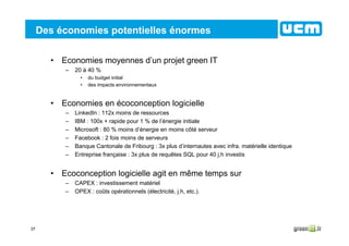 37
Des économies potentielles énormes
• Economies moyennes d’un projet green IT
– 20 à 40 %
• du budget initial
• des impacts environnementaux
• Economies en écoconception logicielle
– LinkedIn : 112x moins de ressources
– IBM : 100x + rapide pour 1 % de l’énergie initiale
– Microsoft : 80 % moins d’énergie en moins côté serveur
– Facebook : 2 fois moins de serveurs
– Banque Cantonale de Fribourg : 3x plus d’internautes avec infra. matérielle identique
– Entreprise française : 3x plus de requêtes SQL pour 40 j.h investis
• Ecoconception logicielle agit en même temps sur
– CAPEX : investissement matériel
– OPEX : coûts opérationnels (électricité, j.h, etc.).
 