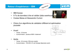 44
Retour d’expérience – IBM
• IBM Suisse
• 9 To de données à lire et valider (data warehouse)
• Costas Bekas et Alessandro Curioni
• Choix d’un algorithme de validation différent et optimisation
poussée
• Avant
– Temps : 33 heures
– Consommation : plusieurs MWh / traitement
• Après
– Temps : 20 minutes (100x plus rapide)
– Consommation : 700 kWh (1% de l’énergie dépensée avant)
Algorithme
 
