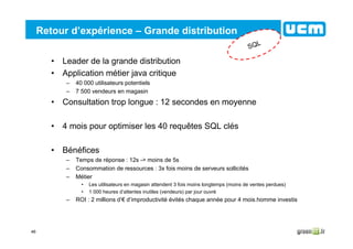 46
Retour d’expérience – Grande distribution
• Leader de la grande distribution
• Application métier java critique
– 40 000 utilisateurs potentiels
– 7 500 vendeurs en magasin
• Consultation trop longue : 12 secondes en moyenne
• 4 mois pour optimiser les 40 requêtes SQL clés
• Bénéfices
– Temps de réponse : 12s -> moins de 5s
– Consommation de ressources : 3x fois moins de serveurs sollicités
– Métier
• Les utilisateurs en magasin attendent 3 fois moins longtemps (moins de ventes perdues)
• 1 000 heures d’attentes inutiles (vendeurs) par jour ouvré
– ROI : 2 millions d’€ d’improductivité évités chaque année pour 4 mois.homme investis
SQL
 