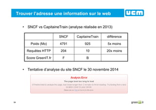 84
Trouver l’adresse une information sur le web
• SNCF vs CapitaineTrain (analyse réalisée en 2013)
• Tentative d’analyse du site SNCF le 30 novembre 2014
BFScore GreenIT.fr
20x moins10204Requêtes HTTP
5x moins9254791Poids (Mo)
différenceCapitaineTrainSNCF
 