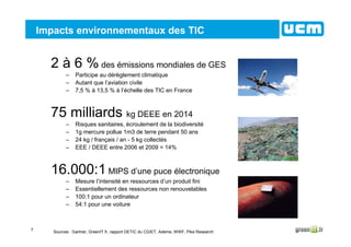 7
Impacts environnementaux des TIC
2 à 6 % des émissions mondiales de GES
– Participe au dérèglement climatique
– Autant que l’aviation civile
– 7,5 % à 13,5 % à l’échelle des TIC en France
75 milliards kg DEEE en 2014
– Risques sanitaires, écroulement de la biodiversité
– 1g mercure pollue 1m3 de terre pendant 50 ans
– 24 kg / français / an - 5 kg collectés
– EEE / DEEE entre 2006 et 2009 = 14%
16.000:1 MIPS d’une puce électronique
– Mesure l’intensité en ressources d’un produit fini
– Essentiellement des ressources non renouvelables
– 100:1 pour un ordinateur
– 54:1 pour une voiture
Sources : Gartner, GreenIT.fr, rapport DETIC du CGIET, Ademe, WWF, Pike Research
 