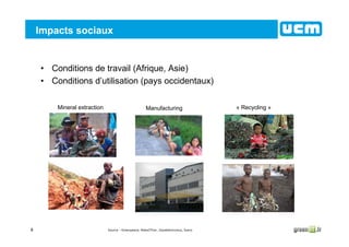 8
• Conditions de travail (Afrique, Asie)
• Conditions d’utilisation (pays occidentaux)
Source : Greenpeace, MakeITFair, Goodelectronics, Somo
Impacts sociaux
Mineral extraction Manufacturing « Recycling »
 