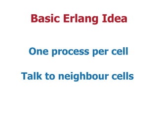 Basic Erlang Idea
One process per cell
Talk to neighbour cells
 