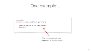 One example… 
33 
@Override 
public void create(JPanel parent) { 
JButton button = new JButton(); 
button.| 
Which method will you 
call next in this situation? 
 