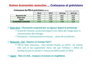 Autres économies avancées … Croissance et prévisions 
 États-Unis : l’économie surprend par sa vigueur depuis le printemps 
 Le prix de l’essence, au plus bas depuis 4 ans, libère des marges pour la 
consommation ddeess mméénnaaggeess.. 
 Entreprises : investissements en hausse … retour de la confiance. 
 Royaume - Uni : Reprise en trompe l’oeil ? 
 PIB en forte croissance… mais recettes fiscales au ralenti : les salaires 
tirés vers le bas augmentent moins vite que l’inflation = déficit de 
recettes fiscales et sociales = hausse du déficit public en 2014. 
 Japon : Rien n’y fait… toujours et encore en stagflation. 
 
