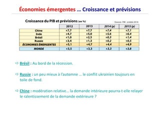 Économies émergentes … Croissance et prévisions 
 Brésil : Au bord de la récession. 
 Russie : un peu mieux à l’automne … le conflit ukrainien toujours en 
toile de fond. 
 Chine : modération relative… la demande intérieure pourra-t-elle relayer 
le ralentissement de la demande extérieure ? 
 