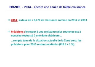FRANCE - 2014… encore une année de faible croissance 
2014 : autour de + 0,4 % de croissance comme en 2012 et 2013 
Prévisions : le retour à une croissance plus soutenue est à 
nouveau repoussé à une date ultérieure… 
…compte tenu de la situation actuelle de la Zone euro, les 
prévisions pour 2015 restent modérées (PIB à + 1 %). 
 