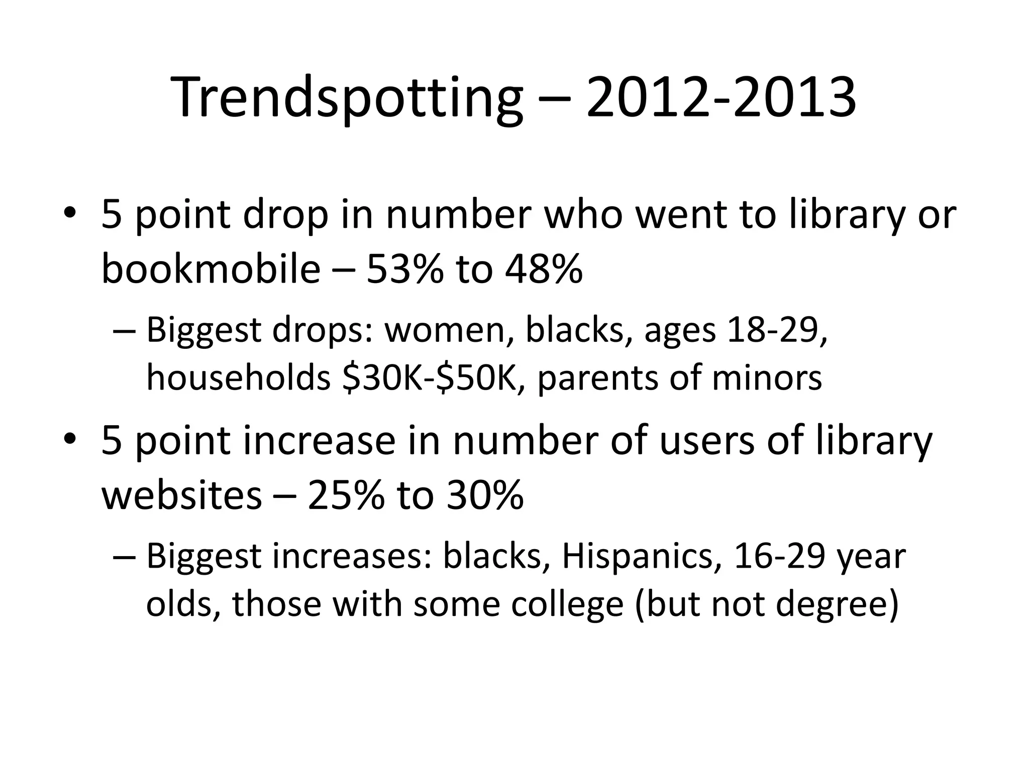 Trendspotting – 2012-2013
• 5 point drop in number who went to library or
bookmobile – 53% to 48%
– Biggest drops: women, blacks, ages 18-29,
households $30K-$50K, parents of minors

• 5 point increase in number of users of library
websites – 25% to 30%
– Biggest increases: blacks, Hispanics, 16-29 year
olds, those with some college (but not degree)

 