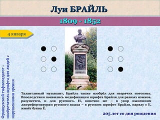 Луи БРАЙЛЬ
1809 - 1852

Французский тифлопедагог –
изобретатель шрифта для людей с
нарушениями зрения

4 января
4 января

Талантливый музыкант, Брайль также изобрёл для незрячих нотопись.
Впоследствии появились модификации шрифта Брайля для разных языков,
разумеется, и для русского. И, конечно же – в укор нынешним
лжереформаторам русского языка – в русском шрифте Брайля, наряду с Е,
живёт буква Ё.

205 лет со дня рождения

 