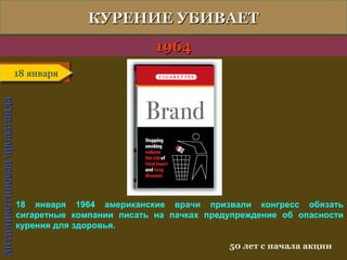 Антиникотиновая пропаганда

КУРЕНИЕ УБИВАЕТ
1964
18 января
18 января

18 января 1964 американские врачи призвали конгресс обязать
сигаретные компании писать на пачках предупреждение об опасности
курения для здоровья.
50 лет с начала акции

 