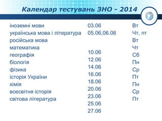Календар тестувань ЗНО - 2014
іноземні мови
українська мова і література
російська мова
математика
географія
біологія
фізика
історія України
хімія
всесвітня історія
світова література

03.06
05.06,06.06
10.06
12.06
14.06
16.06
18.06
20.06
23.06
25.06
27.06

Вт
Чт, пт
Вт
Чт
Сб
Пн
Ср
Пт
Пн
Ср
Пт

 