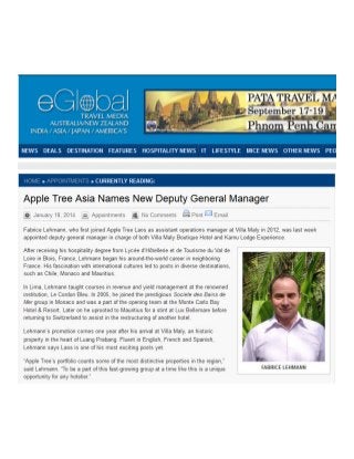 The appointment of Villa Maly & Kamu Lodge Experience's new deputy manager Fabrice Lehmann in Eglobal Travel Media