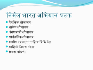 िनमरल भारित अभिभयान घटक
वैयिक्तक शौचालय
शालेय शौचालय
अभंगणवाडी शौचालय
सिंावरजििनक शौचालय
गामीण स्वच्छता सिंािहत्य िवि कक के द
मािहती िशक्षण सिंंवाद
क्षमता बांधणी

 
