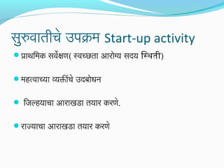 सर्ुरुवार्तीचे उपक्रम Start-up activity
प्रार्थमिमक सर्वेक्षण( स्वच्छतार् आरोग्य सर्दय िस्थती)
महत्वार्च्यार् व्यक्तींचे उदबोधन
 िजल्हयार्चार् आरार्खडार् तयार्र करणे.
रार्ज्यार्चार् आरार्खडार् तयार्र करणे

 