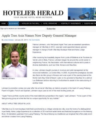 Villa Maly Luang Prabang Boutique Hotel & Kamu Lodge Experience's new Deputy General Manager Fabrice Lehmann is named in Hospitaliy Herald's January 2014 news