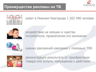 Преимущества рекламы на ТВ
охват в Нижнем Новгороде 1 202 490 человек

воздействие на эмоции и чувства
потребителя, привлечение его внимания

оценка рекламной кампании с помощью TNS
демонстрация результата от приобретения
товара или услуги, побуждение к действию

 