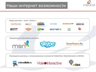Наши интернет возможности

Видео реклама - пакет «Охват»:

Традиционная баннерная реклама:

Размещение рекламы с использованием технологий VideoClick, VideoInteractve и OtСlick

 