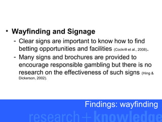 • Wayfinding and Signage
- Clear signs are important to know how to find
betting opportunities and facilities (Cockrill et al., 2008).
- Many signs and brochures are provided to
encourage responsible gambling but there is no
research on the effectiveness of such signs (Hing &
Dickerson, 2002).

Findings: wayfinding

 