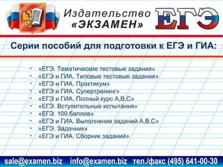 Серии пособий для подготовки к ЕГЭ и ГИА:
•
•
•
•
•
•
•
•
•
•

«ЕГЭ. Тематические тестовые задания»
«ЕГЭ и ГИА. Типовые тестовые задания»
«ЕГЭ и ГИА. Практикум»
«ЕГЭ и ГИА. Супертренинг»
«ЕГЭ и ГИА. Полный курс А,В,С»
«ЕГЭ. Вступительные испытания»
«ЕГЭ. 100 баллов»
«ЕГЭ и ГИА. Выполнение заданий А,В,С»
«ЕГЭ. Задачник»
«ЕГЭ и ГИА. Сборник заданий»

www.examen.biz

sale@examen.biz, info@examen.biz

 