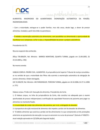 ALIMENTOS.

MAIORIDADE

DO

ALIMENTANDO.

EXONERAÇÃO

AUTOMÁTICA

DA

PENSÃO.

INADMISSIBILIDADE.
– Com a maioridade, extingue-se o poder familiar, mas não cessa, desde logo, o dever de prestar
alimentos, fundado a partir de então no parentesco.
– É vedada a exoneração automática do alimentante, sem possibilitar ao alimentando a oportunidade de
manifestar-se e comprovar, se for o caso, a impossibilidade de prover a própria subsistência.
Precedentes do STJ.
Recurso especial não conhecido.
(REsp 739.004/DF, Rel. Ministro BARROS MONTEIRO, QUARTA TURMA, julgado em 15.09.2005, DJ
24.10.2005 p. 346)
Na mesma vereda:

HABEAS CORPUS. PRISÃO CIVIL. ALIMENTOS. A jurisprudência do Superior Tribunal de Justiça consolidouse no sentido de que a maioridade dos filhos não acarreta a exoneração automática da obrigação de
prestar alimentos. Ordem denegada.
(HC 55.065/SP, Rel. Ministro ARI PARGENDLER, TERCEIRA TURMA, julgado em 10.10.2006, DJ 27.11.2006
p. 271)

Habeas corpus. Prisão civil. Execução de alimentos. Precedentes da Corte.
1. O habeas corpus, na linha da jurisprudência da Corte, não constitui via adequada para o exame
aprofundado de provas indispensáveis à verificação da capacidade financeira do paciente para pagar os
alimentos no montante fixado.
2. A maioridade do credor dos alimentos não exonera, por si só, a obrigação do devedor.
3. A propositura de ação revisional de alimentos não impede a prisão civil do devedor de alimentos.
4. "O débito alimentar que autoriza a prisão civil do alimentante é o que compreende as três prestações
anteriores ao ajuizamento da execução e as que se vencerem no curso do processo" (Súmula nº 309/STJ atual redação aprovada em 22/3/06 pela Segunda Seção).

 