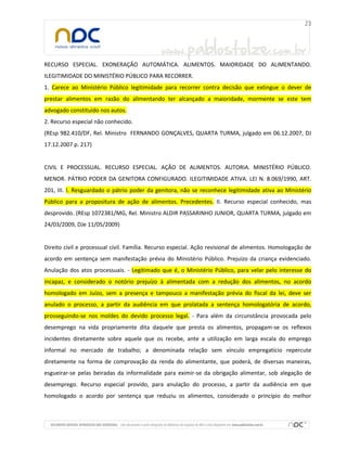 RECURSO ESPECIAL. EXONERAÇÃO AUTOMÁTICA. ALIMENTOS. MAIORIDADE DO ALIMENTANDO.
ILEGITIMIDADE DO MINISTÉRIO PÚBLICO PARA RECORRER.
1. Carece ao Ministério Público legitimidade para recorrer contra decisão que extingue o dever de
prestar alimentos em razão do alimentando ter alcançado a maioridade, mormente se este tem
advogado constituído nos autos.
2. Recurso especial não conhecido.
(REsp 982.410/DF, Rel. Ministro FERNANDO GONÇALVES, QUARTA TURMA, julgado em 06.12.2007, DJ
17.12.2007 p. 217)

CIVIL E PROCESSUAL. RECURSO ESPECIAL. AÇÃO DE ALIMENTOS. AUTORIA. MINISTÉRIO PÚBLICO.
MENOR. PÁTRIO PODER DA GENITORA CONFIGURADO. ILEGITIMIDADE ATIVA. LEI N. 8.069/1990, ART.
201, III. I. Resguardado o pátrio poder da genitora, não se reconhece legitimidade ativa ao Ministério
Público para a propositura de ação de alimentos. Precedentes. II. Recurso especial conhecido, mas
desprovido. (REsp 1072381/MG, Rel. Ministro ALDIR PASSARINHO JUNIOR, QUARTA TURMA, julgado em
24/03/2009, DJe 11/05/2009)

Direito civil e processual civil. Família. Recurso especial. Ação revisional de alimentos. Homologação de
acordo em sentença sem manifestação prévia do Ministério Público. Prejuízo da criança evidenciado.
Anulação dos atos processuais. - Legitimado que é, o Ministério Público, para velar pelo interesse do
incapaz, e considerado o notório prejuízo à alimentada com a redução dos alimentos, no acordo
homologado em Juízo, sem a presença e tampouco a manifestação prévia do fiscal da lei, deve ser
anulado o processo, a partir da audiência em que prolatada a sentença homologatória de acordo,
prosseguindo-se nos moldes do devido processo legal. - Para além da circunstância provocada pelo
desemprego na vida propriamente dita daquele que presta os alimentos, propagam-se os reflexos
incidentes diretamente sobre aquele que os recebe, ante a utilização em larga escala do emprego
informal no mercado de trabalho; a denominada relação sem vínculo empregatício repercute
diretamente na forma de comprovação da renda do alimentante, que poderá, de diversas maneiras,
esgueirar-se pelas beiradas da informalidade para eximir-se da obrigação alimentar, sob alegação de
desemprego. Recurso especial provido, para anulação do processo, a partir da audiência em que
homologado o acordo por sentença que reduziu os alimentos, considerado o princípio do melhor

 