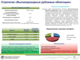 Стратегия «Высокодоходные рублевые облигации»
Стратегия управления

Ключевые параметры портфеля

Возможная доходность

10,60% годовых

Расходы (брокерское,
депозитарное обслуживание,
комиссия биржи)

0,1%

Вознаграждение за управление

1,0%

Вознаграждение за успех

0%

Минимальная сумма инвестиций

3 000 000 руб.
(или 200 000 долл. или 150 000 евро)

Эмитент

Купонные
выплаты

Рыночная
доходность к
погашению
(YTM)

Русский стандарт

10,10%

9,96%

ЛенCпецСМУ

12,9%

10,1%

ЮТэйр

12,0%

Основной идеей инвестиционной стратегии «Высокодоходные
рублевые облигации» является инвестирование денежных
средств в рублевые облигации с доходностью примерно 9-11%
с комфортным уровнем риска. Диверсификация инвестиций
позволяет снизить риск на одного эмитента. В отличие от
депозитов облигации отличает высокая ликвидность,
позволяющая выйти из вложений в любой момент времени.
Данная стратегия приобретает особую актуальность в свете
происходящего снижения ставок по рублевым депозитам и
относительно стабильного курса российской валюты.
Снижение уровня инфляции делает возможным рост цен на
рублевые облигации в районе 0,5-1,2% в 2014 году при
сохранении купонных выплат на уровне около 10%.

11,70%

Индикативная структура портфеля

Основные преимущества стратегии

Ключевые риски

Высокая надежность и кредитоспособность банков-эмитентов
Значительно более высокая доходность по сравнению со ставками
валютных депозитов (4-6%) при сопоставимом уровне риска
Лучшая защита от валютно-курсовых рисков по сравнению с
облигациями, номинированными в рублях

Риск банкротства эмитента
Риск введения процедуры санации
Процентный риск
Риск снижения кредитного рейтинга эмитента (ведет к снижению
рыночной цены облигации)

14

 