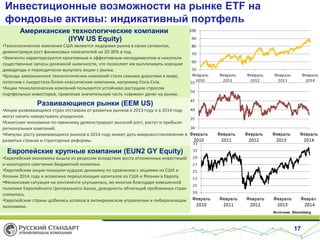 Инвестиционные возможности на рынке ETF на
фондовые активы: индикативный портфель
Американские технологические компании
(IYW US Equity)
•Технологические компании США являются лидерами рынка в своих сегментах,
демонстрируя рост финансовых показателей на 20-30% в год.
•Эмитенты характеризуются креативным и эффективным менеджментом и накопили
существенные запасы денежной наличности, что позволяет им выплачивать хорошие
дивиденды и периодически выкупать акции с рынка.
•Брэнды американских технологических компаний стали самыми дорогими в мире,
потеснив с пьедестала более классические компании, например Coca-Cola.
•Акции технологических компаний пользуются устойчиво растущим спросом
портфельных инвесторов, привлекая значительную часть «свежих» денег на рынке.

Развивающиеся рынки (EEM US)
•Акции развивающихся стран отставали от развитых рынков в 2013 году и в 2014 году
могут начать наверстывать упущенное.
•Азиатские экономики по-прежнему демонстрируют высокий рост, растут и прибыли
региональных компаний.
•Импульс росту развивающихся рынков в 2014 году может дать макровосстановление в
развитых странах и структурные реформы.

Европейские крупные компании (EUN2 GY Equity)
•Европейская экономика вышла из рецессии вследствие роста отложенных инвестиций
и некоторого смягчения бюджетной политики.
•Европейские акции показали худшую динамику по сравнению с акциями из США и
Японии 2014 году и возможна переаллокация капиталов из США и Японии в Европу.
•Финансовая ситуация на континенте улучшилась, во-многом благодаря взвешенной
политике Европейского Центрального Банка, доходность облигаций проблемных стран
снизилась.
•Европейские страны добились успехов в антикризисном управлении и либерализации
экономики.
Источник: Bloomberg

17

 