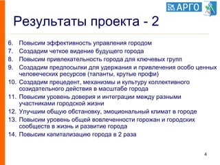 Результаты проекта - 2
6. Повысим эффективность управления городом
7. Создадим четкое видение будущего города
8. Повысим привлекательность города для ключевых групп
9. Создадим предпосылки для удержания и привлечения особо ценных
человеческих ресурсов (таланты, крутые профи)
10. Создадим прецедент, механизмы и культуру коллективного
созидательного действия в масштабе города
11. Повысим уровень доверия и интеграции между разными
участниками городской жизни
12. Улучшим общую обстановку, эмоциональный климат в городе
13. Повысим уровень общей вовлеченности горожан и городских
сообществ в жизнь и развитие города
14. Повысим капитализацию города в 2 раза
4
 