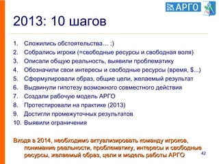 2013: 10 шагов
1. Сложились обстоятельства… ;)
2. Собрались игроки (=свободные ресурсы и свободная воля)
3. Описали общую реальность, выявили проблематику
4. Обозначили свои интересы и свободные ресурсы (время, $...)
5. Сформулировали образ, общие цели, желаемый результат
6. Выдвинули гипотезу возможного совместного действия
7. Создали рабочую модель АРГО
8. Протестировали на практике (2013)
9. Достигли промежуточных результатов
10. Выявили ограничения
Входя в 2014, необходимо актуализировать команду игроков,Входя в 2014, необходимо актуализировать команду игроков,
понимание реальности, проблематику, интересы и свободныепонимание реальности, проблематику, интересы и свободные
ресурсы, желаемый образ, цели и модель работы АРГОресурсы, желаемый образ, цели и модель работы АРГО 42
 