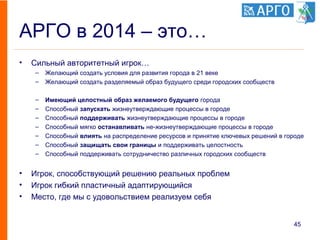 АРГО в 2014 – это…
• Сильный авторитетный игрок…
– Желающий создать условия для развития города в 21 веке
– Желающий создать разделяемый образ будущего среди городских сообществ
– Имеющий целостный образ желаемого будущего города
– Способный запускать жизнеутверждающие процессы в городе
– Способный поддерживать жизнеутверждающие процессы в городе
– Способный мягко останавливать не-жизнеутверждающие процессы в городе
– Способный влиять на распределение ресурсов и принятие ключевых решений в городе
– Способный защищать свои границы и поддерживать целостность
– Способный поддерживать сотрудничество различных городских сообществ
• Игрок, способствующий решению реальных проблем
• Игрок гибкий пластичный адаптирующийся
• Место, где мы с удовольствием реализуем себя
45
 
