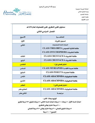 ‫بسم اهلل الرمحن الريحيم‬

‫اململكة العربية السعودية‬
‫وزارة التعليم العالي‬
‫جامعة القصيم‬
‫كلية العلوم‬
‫قسم االيحيا‬

‫حمتوى املقرر النظري ملقرر املفصليات لعام 1435هـ‬
‫الفصل الدراسي الثاني‬
‫احملاضـ ـ ـ ـ ــرة‬

‫االسبوع‬

‫تسجيل املقررات‬

‫االول‬

‫الصفات العامة للمفصليات‬

‫الثاني‬

‫طائفة ثالثية الفصوص ‪CLASS TRILOBITA‬‬
‫طائفة املخلبيات ‪CLASS ONYCHOPHORA‬‬
‫طائفة القشريات ‪CLASS CRUSTACEA‬‬

‫الثالث‬

‫طائفة القشريات ‪CLASS CRUSTACEA‬‬

‫الرابع‬

‫اختبار فصلي اول 5‬

‫اخلامس‬

‫طائفة عديدة االقدام ‪CLASS MYRIAPODA‬‬

‫السادس‬

‫طائفة احلشرات ‪CLASS INSECTA‬‬

‫السابع‬

‫طائفة العنكبوتيات ‪CLASS ARACHNIDA‬‬

‫الثامن‬

‫طائفة العنكبوتيات ‪CLASS ARACHNIDA‬‬

‫التاسع‬

‫اختبار فصلي ثاني 2‬

‫العاشر‬

‫طائفة العنكبوتيات ‪CLASS ARACHNIDA‬‬

‫احلادي عشر‬

‫مراجعـ ـ ــة‬

‫الثاني عشر‬
‫توزيع درجات املقرر :‬

‫اعمال السنه االول 15 درجات +15 درجات اعمال السنه الثاني + 1 درجات شفوي =12 درجة نظري‬
‫+ 11 درجة اختبار نهائي للنظري‬
‫1 درجات شفوي للعملي +12 درجة اختبار نهائي = 12 درجة للعملي‬
‫اجملموع = 115 درجة‬

 