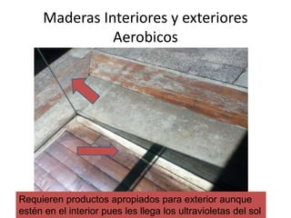 Maderas Interiores y exteriores
Aerobicos

Requieren productos apropiados para exterior aunque
estén en el interior pues les llega los ultravioletas del sol

 