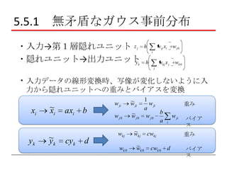 5.5.1 無矛盾なガウス事前分布
・入力→第１層隠れユニット z
・隠れユニット→出力ユニット
y
j

k

h

w ji xi

wj0

i

h

wkj x j

wk 0

j

・入力データの線形変換時、写像が変化しないように入
力から隠れユニットへの重みとバイアスを変換

xi

yk

~
xi
~
yk

axi

cyk

b

d

w ji

~
w ji

wj0

~
wj0

wkj

wk 0

~
wkj

~
wk 0

1
w ji
a
b
wj0
a

重み

w ji
i

重み

cwkj

cwk 0

バイア
ス

d

バイア
ス

 
