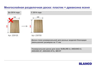 Многослойная разделочная доска: пластик + древесина ясеня
До 2014 года

С 2014 года
240

435

424

240

Арт. 229125

Арт. 230700
Доска стала универсальной для разных моделей благодаря
уменьшению размеров на 11 мм

Универсальная доска для моек SUBLINE-U, ANDANO-U,
ANDANO-IF, ANDANO-IF/A, MEVIT

 