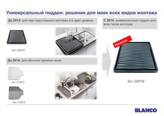 Универсальный поддон: решение для моек всех видов монтажа
До 2014: для чаш подстольного монтажа и в один уровень

С 2014: универсальный поддон для
всех типов монтажа

Арт. 226545

До 2014: для обычных врезных моек

Арт. 212913

Арт. 212914

Арт. 230734

 