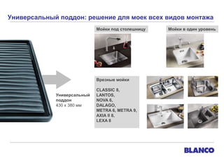 Универсальный поддон: решение для моек всех видов монтажа
Мойки под столешницу

Врезные мойки

Универсальный
поддон
430 x 380 мм

CLASSIC 8,
LANTOS,
NOVA 6,
DALAGO,
METRA 6, METRA 9,
AXIA ll 8,
LEXA 8

Мойки в один уровень

 