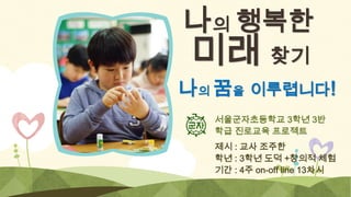 나의 행복한

미래 찾기

나의 꿈을 이루렵니다!
서울군자초등학교 3학년 3반
학급 진로교육 프로젝트
제시 : 교사 조주한
학년 : 3학년 도덕 +창의적 체험
기간 : 4주 on-off line 13차시

 