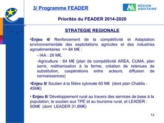3/ Programme FEADER
Priorités du FEADER 2014-2020
STRATEGIE REGIONALE
•Enjeu 4/ Renforcement de la compétitivité et Adaptation
environnementale des exploitations agricoles et des industries
agroalimentaires => 84 M€ :
- IAA : 20 M€,
-Agriculture : 64 M€ (plan de compétitivité AREA, CUMA, plan
serre, méthanisation à la ferme, création de retenues de
substitution, coopérations entre acteurs, diffusion de
connaissances)
•Enjeu 5/ Soutien à la filière sylvicole 60 M€ (dont plan Chablis :
45M€)
• Enjeu 6/ Développement rural au travers des services de base à la
population, le soutien aux TPE et au tourisme rural, et LEADER :
50M€ (dont LEADER 31,6M€)
13

 