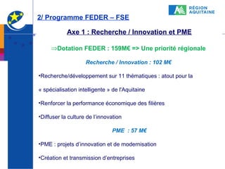 2/ Programme FEDER – FSE
Axe 1 : Recherche / Innovation et PME
⇒Dotation FEDER : 159M€ => Une priorité régionale
Recherche / Innovation : 102 M€
•Recherche/développement sur 11 thématiques : atout pour la
« spécialisation intelligente » de l'Aquitaine
•Renforcer la performance économique des filières
•Diffuser la culture de l’innovation
PME : 57 M€
•PME : projets d’innovation et de modernisation
•Création et transmission d’entreprises

5

 