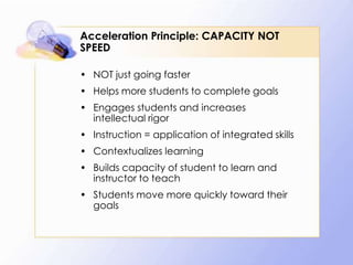 Acceleration Principle: CAPACITY NOT
SPEED
• NOT just going faster

• Helps more students to complete goals
• Engages students and increases
intellectual rigor
• Instruction = application of integrated skills

• Contextualizes learning
• Builds capacity of student to learn and
instructor to teach
• Students move more quickly toward their
goals

 