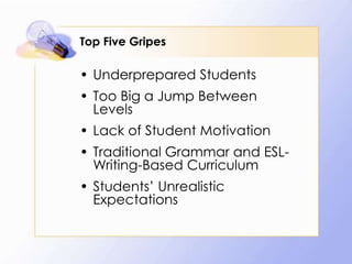 Top Five Gripes

• Underprepared Students

• Too Big a Jump Between
Levels
• Lack of Student Motivation

• Traditional Grammar and ESLWriting-Based Curriculum
• Students’ Unrealistic
Expectations

 