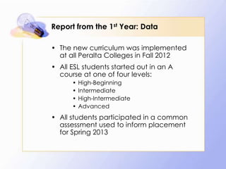 Report from the 1st Year: Data
• The new curriculum was implemented
at all Peralta Colleges in Fall 2012
• All ESL students started out in an A
course at one of four levels:
•
•
•
•

High-Beginning
Intermediate
High-Intermediate
Advanced

• All students participated in a common
assessment used to inform placement
for Spring 2013

 