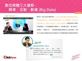 數位媒體三大優勢：
精準、互動、數據 (Big Data)
原文連結

- 精彩片段Part 2 -

楊佳燊：Big data的優勢就是，充分的利用消費者所有最細節的資料，
再透過數據的分析，進而獲得寶貴的資料。在一番解讀後，適切的提
供給媒體平台、廣告主來擬定下一波的行銷策略。消費者與各式媒體
的接觸時間，以及接觸層面持續擴大中，藉由數位進化，導入數位化
的優勢 ─ 「數據分析」 ，幫助傳統媒體在媒體成效上更為精準，同時
也可以透過大數據的整合將消費者與不同媒體接觸的差異看得更清楚。

 