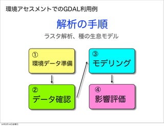 ①
環境データ準備
②
データ確認
③
モデリング
④
影響評価
環境アセスメントでのGDAL利用例
解析の手順
ラスタ解析、種の生息モデル
14年3月14日金曜日
 