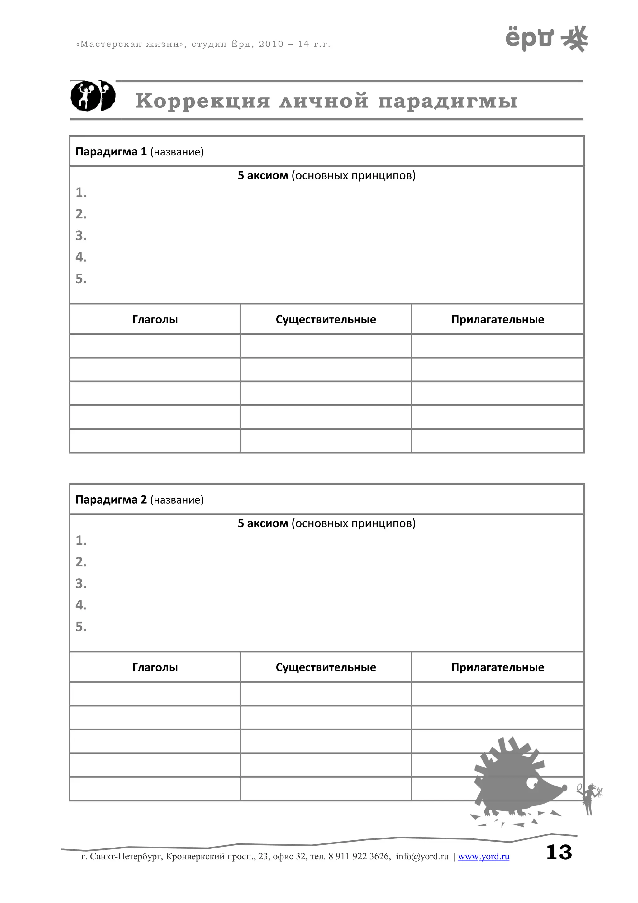 «Мастерская жизни», студия Ёрд, 2010 – 14 г.г.
Коррекция личной парадигмы
Парадигма 1 (название)
5 аксиом (основных принципов)
1.
2.
3.
4.
5.
Глаголы Существительные Прилагательные
Парадигма 2 (название)
5 аксиом (основных принципов)
1.
2.
3.
4.
5.
Глаголы Существительные Прилагательные
г. Санкт-Петербург, Кронверкский просп., 23, офис 32, тел. 8 911 922 3626, info@yord.ru | www.yord.ru 13
 
