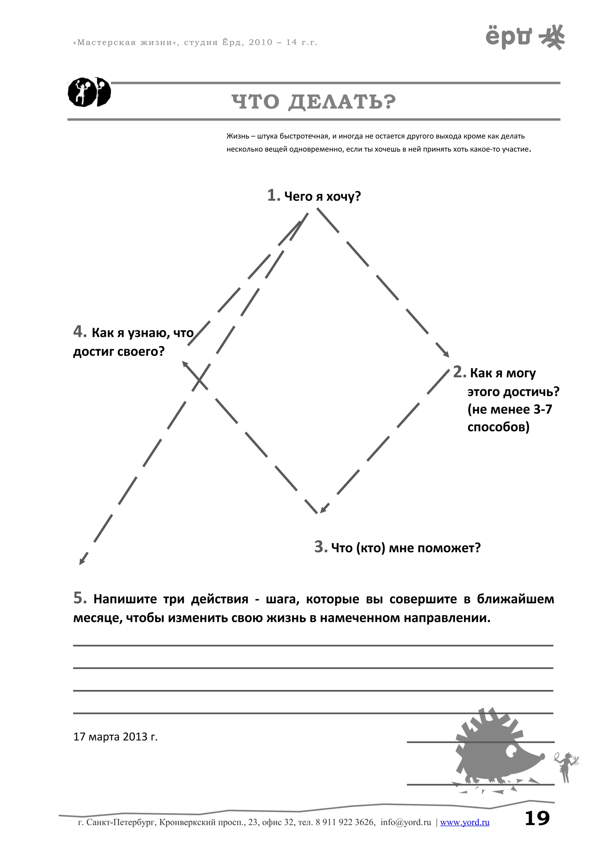 «Мастерская жизни», студия Ёрд, 2010 – 14 г.г.
ЧТО ДЕЛАТЬ?
Жизнь – штука быстротечная, и иногда не остается другого выхода кроме как делать
несколько вещей одновременно, если ты хочешь в ней принять хоть какое-то участие.
1. Чего я хочу?
4. Как я узнаю, что
достиг своего?
2.Как я могу
этого достичь?
(не менее 3-7
способов)
3. Что (кто) мне поможет?
5. Напишите три действия - шага, которые вы совершите в ближайшем
месяце, чтобы изменить свою жизнь в намеченном направлении.
______________________________________________________________________________
______________________________________________________________________________
______________________________________________________________________________
______________________________________________________________________________
17 марта 2013 г. ________________________
________________________
г. Санкт-Петербург, Кронверкский просп., 23, офис 32, тел. 8 911 922 3626, info@yord.ru | www.yord.ru 19
 