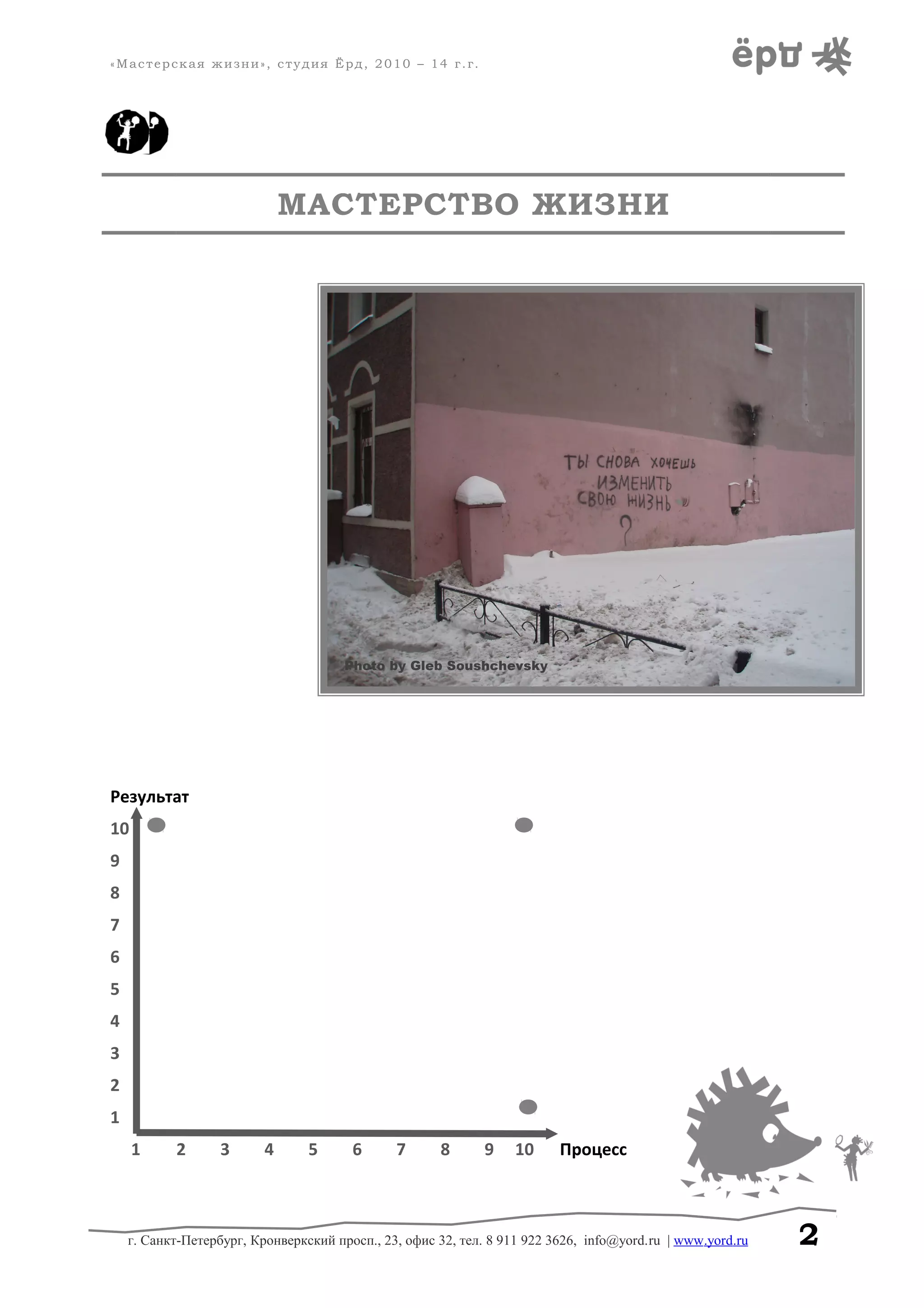 «Мастерская жизни», студия Ёрд, 2010 – 14 г.г.
МАСТЕРСТВО ЖИЗНИ
Результат
10
9
8
7
6
5
4
3
2
1
1 2 3 4 5 6 7 8 9 10 Процесс
г. Санкт-Петербург, Кронверкский просп., 23, офис 32, тел. 8 911 922 3626, info@yord.ru | www.yord.ru 2
 